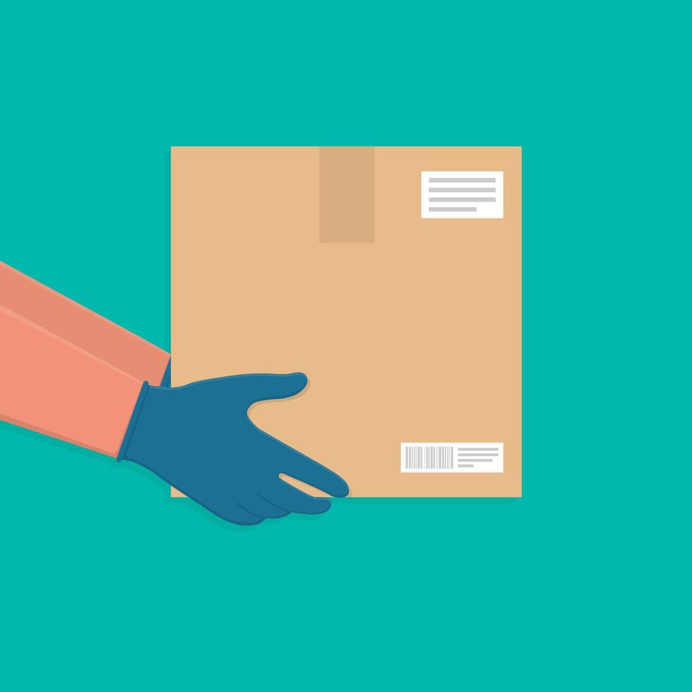 Delivery man holding cardboard boxes in rubber gloves. Fast and free Delivery transport . Online shopping and Express delivery. vector