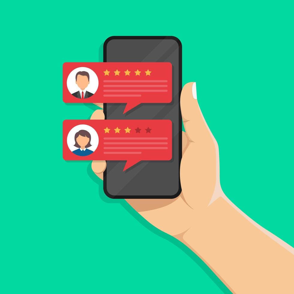 smartphone in hand. customer feedback. rating on mobile phone screen. viewing rating on speech bubbles. crawler comments. vector