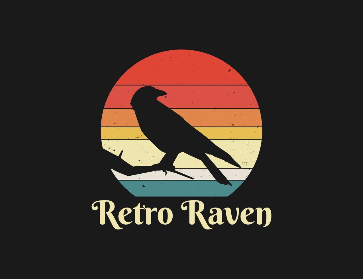 Retro raven crow bird sunset illustration with distressed style vector