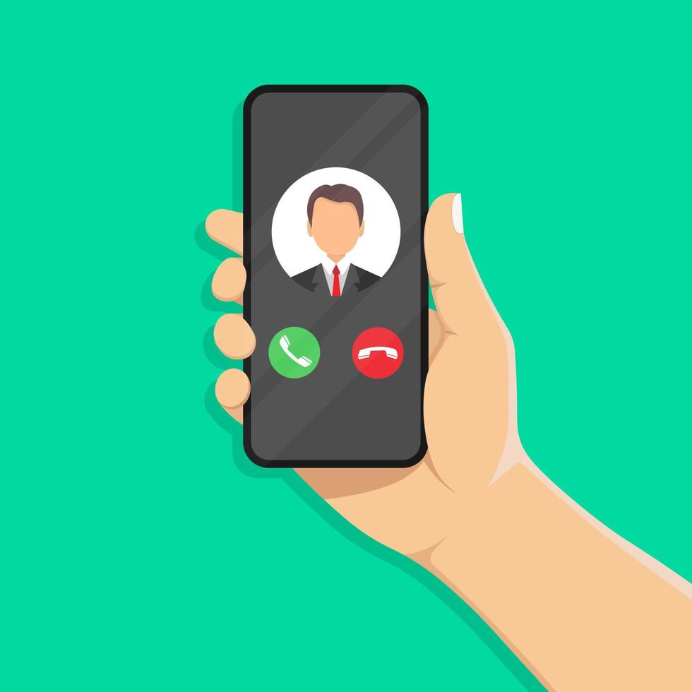 Incoming call on the smartphone screen with the image of the caller. Phone in a human hand. vector