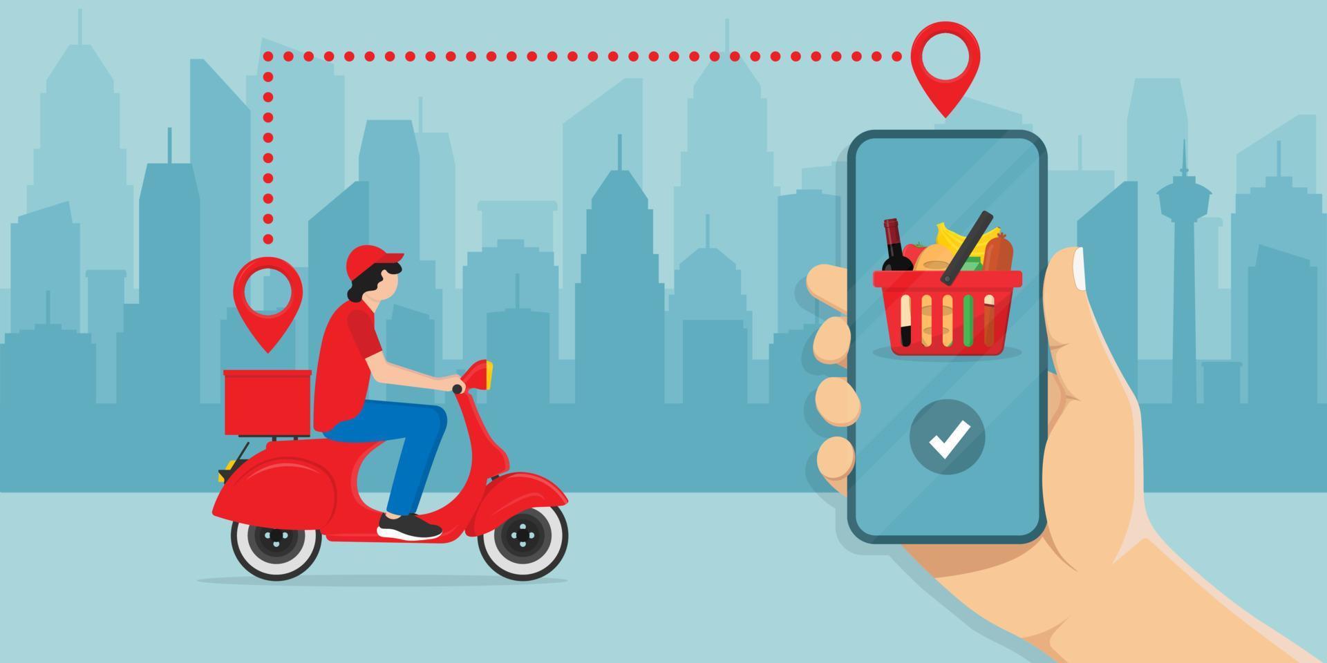 Food delivery application on the smartphone screen. Tracking the delivery man on a moped with ready-made food. Logistics concept, city skyline in the background. vector