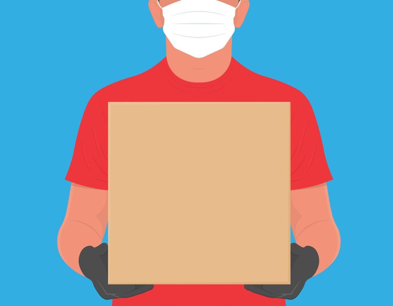 repartidor con cajas de cartón en guantes de goma médicos y máscara. transporte de entrega rápido y gratuito. compras en línea y entrega urgente vector