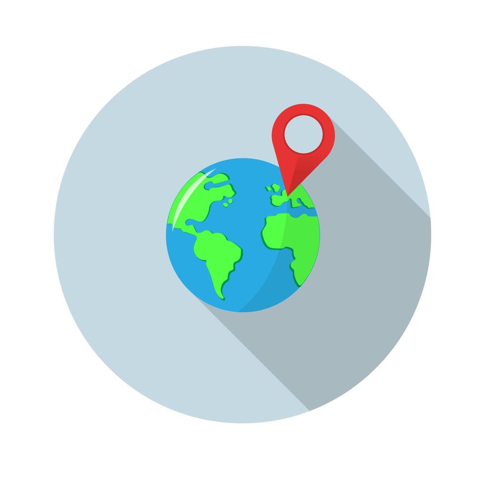icono plano del planeta y ubicación del signo en él. ilustración vectorial en un estilo simple con una sombra que cae. 10 eps. vector
