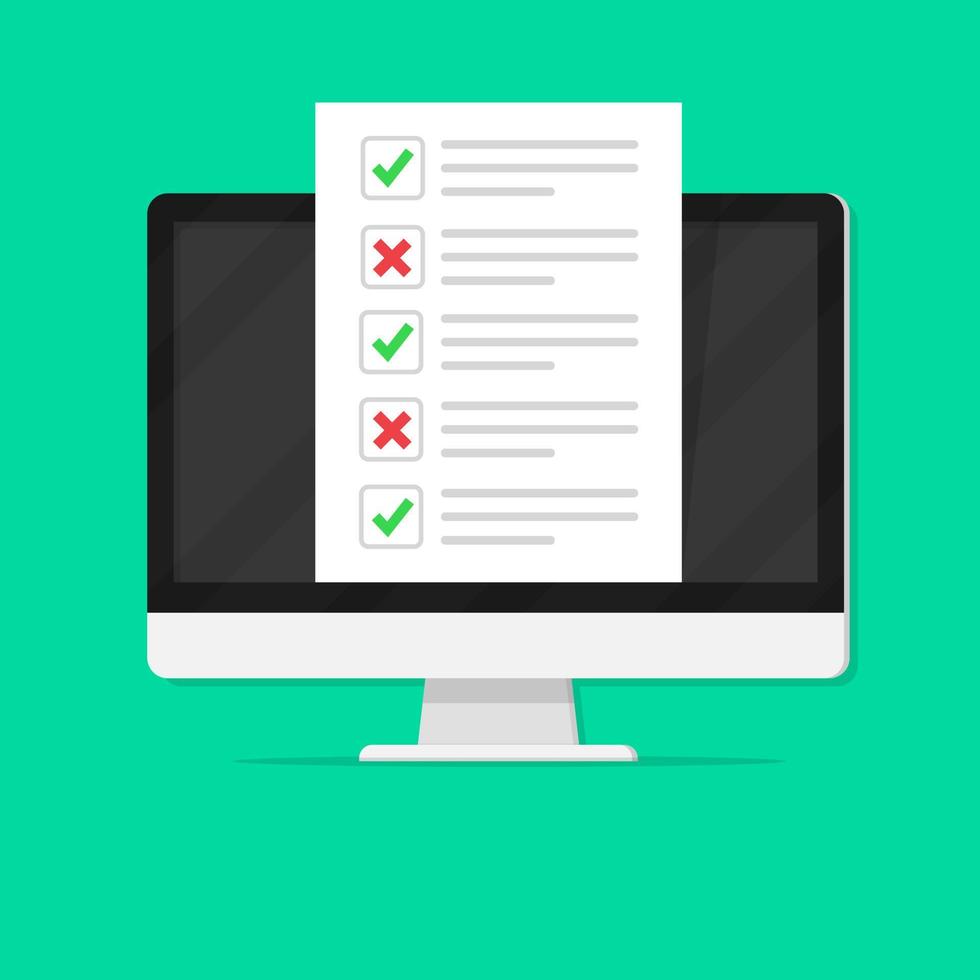 examen en línea, lista de verificación en la pantalla del monitor, pasar la prueba, elegir la respuesta, formulario de cuestionario, concepto de educación vector