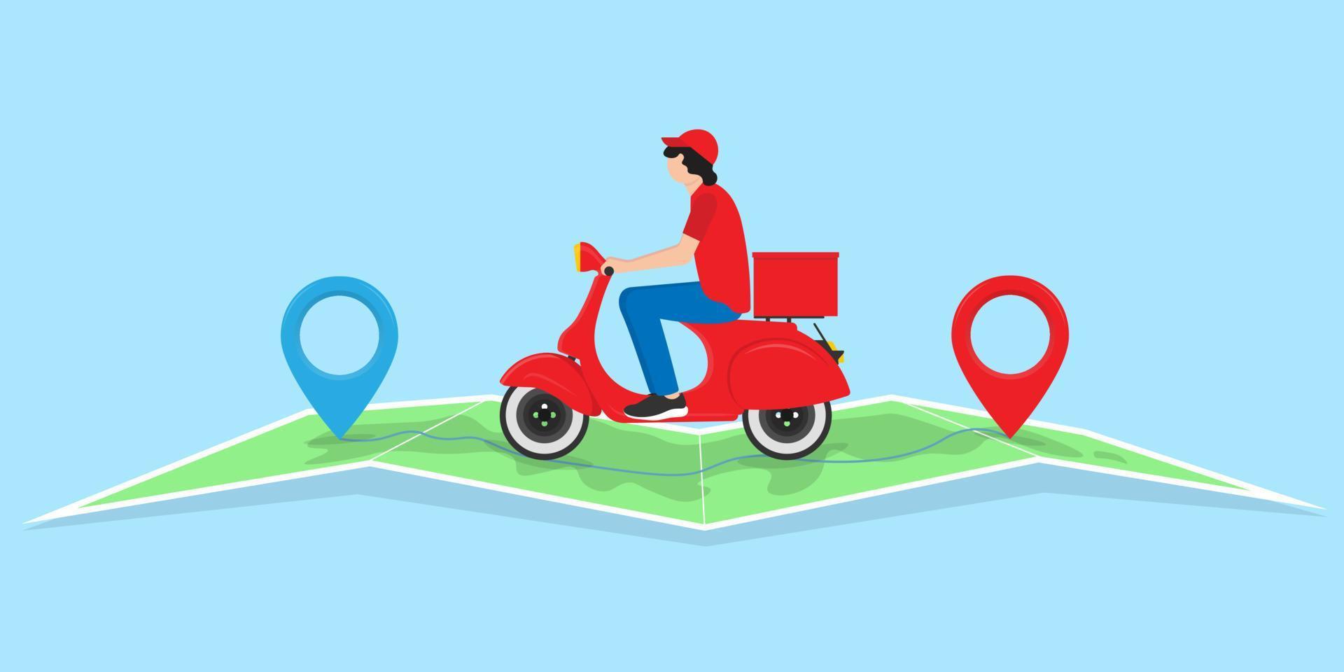 entrega rápida y gratuita en un scooter rojo. un proveedor en un scooter recorre un mapa. vector