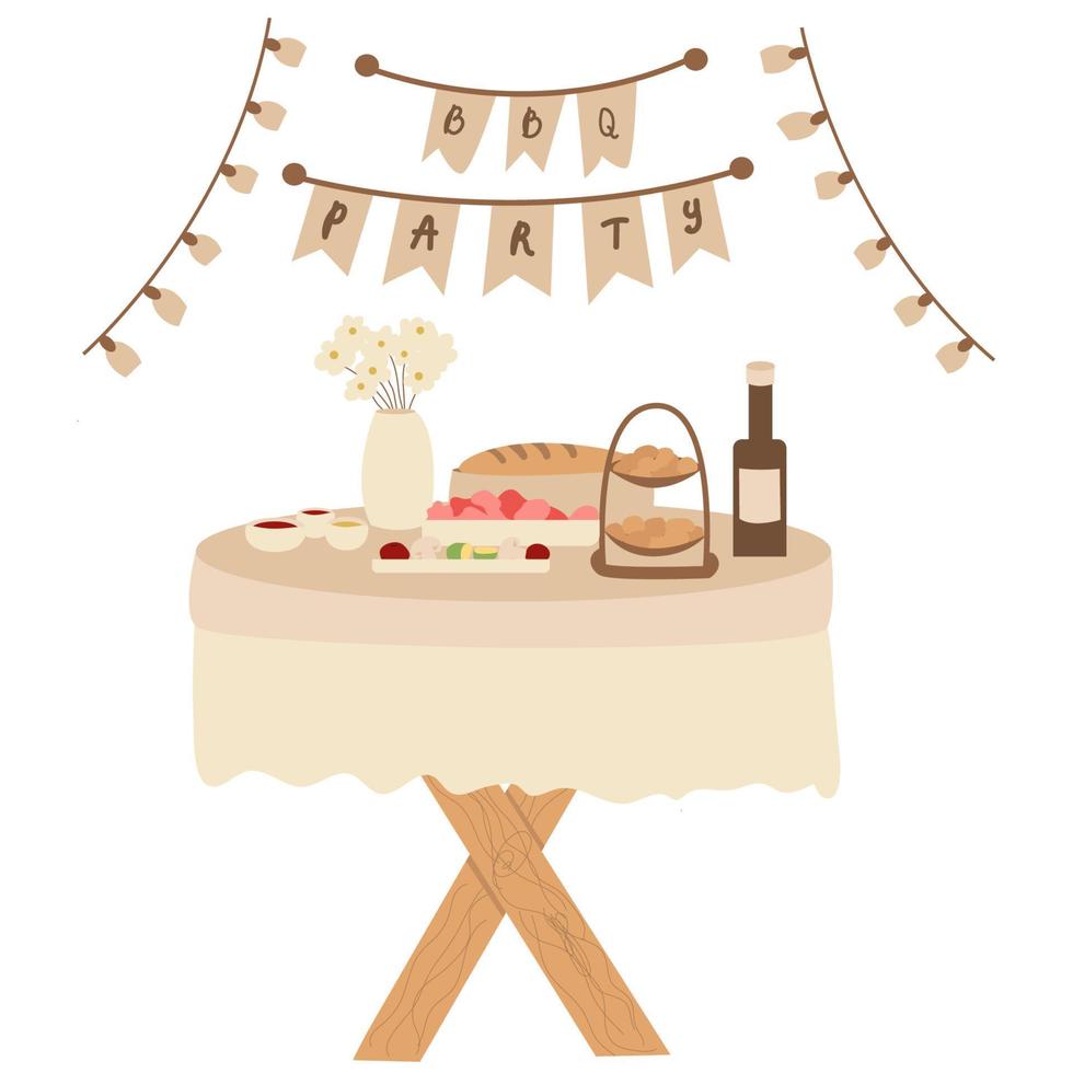 barbecue party, beautiful festive barbecue table, lots of food. Barbecue poster. A flyer with food. Flat style, vector illustration
