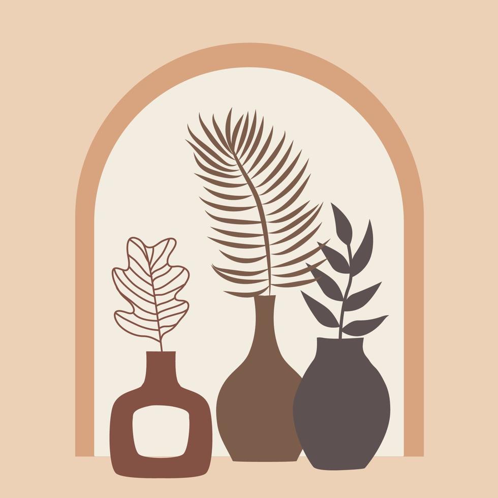 Palm leaves and leaves of ornamental plants in a vase, in an arch. Tropical background. Exotic composition on a beige background vector