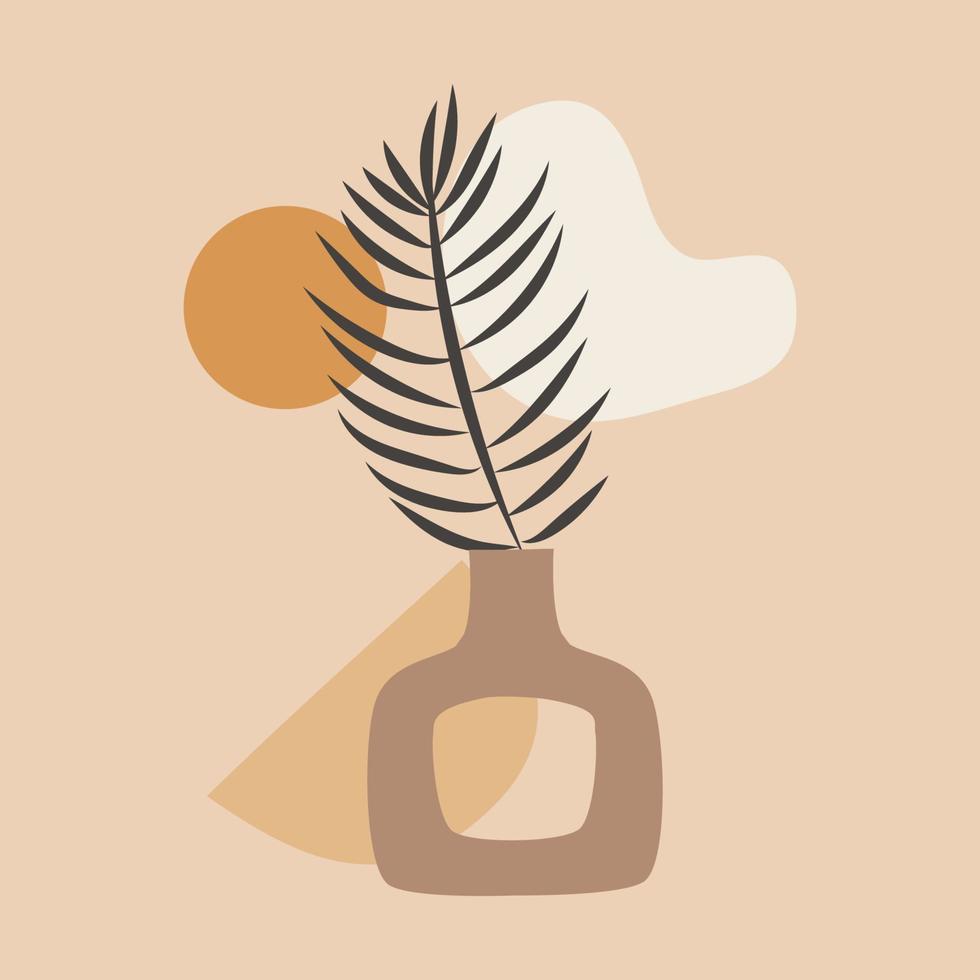 Palm leaves in a vase with geometric abstract figures on a beige background. vector