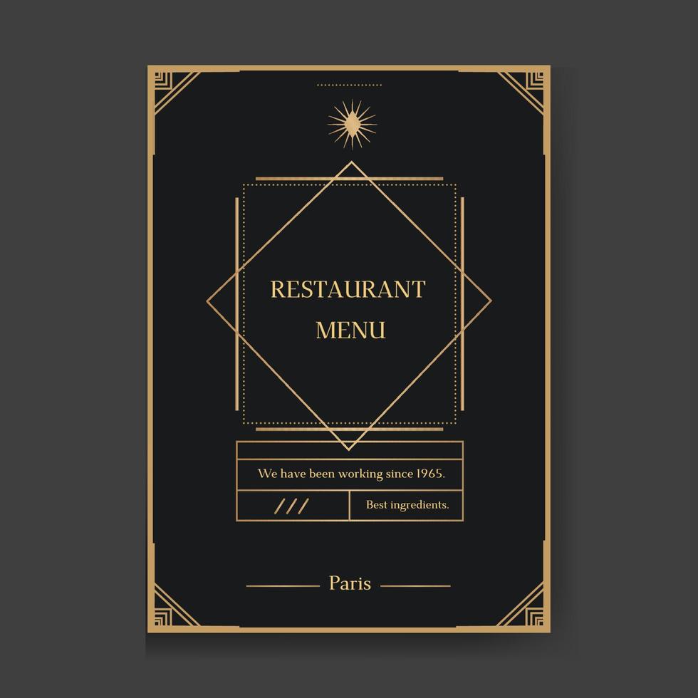 diseño de menú de restaurante negro con patrón de marco dorado premium. elegante plantilla de portada de lujo para menú de café creativo, menú de lujo, invitación, bloc de notas. vector