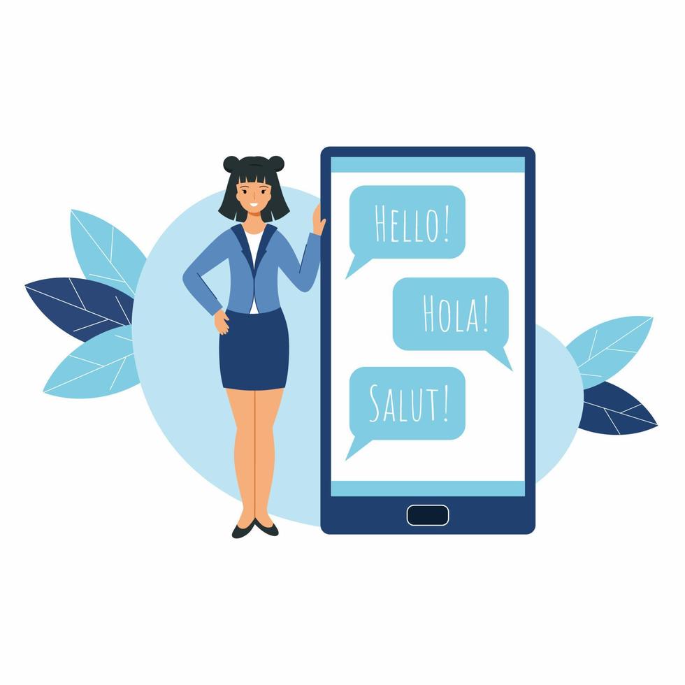 Online translation service.  Happy woman translator is standing next to smartphone. vector