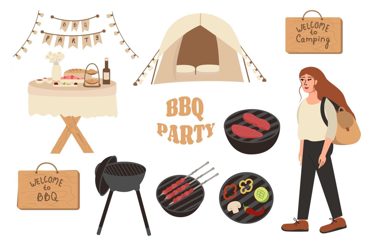 BBQ party icons set, barbecue, grill or picnic. Girl, tent, camping on vacation, barbecue grill, table for food. Vector summer illustration for barbecue.