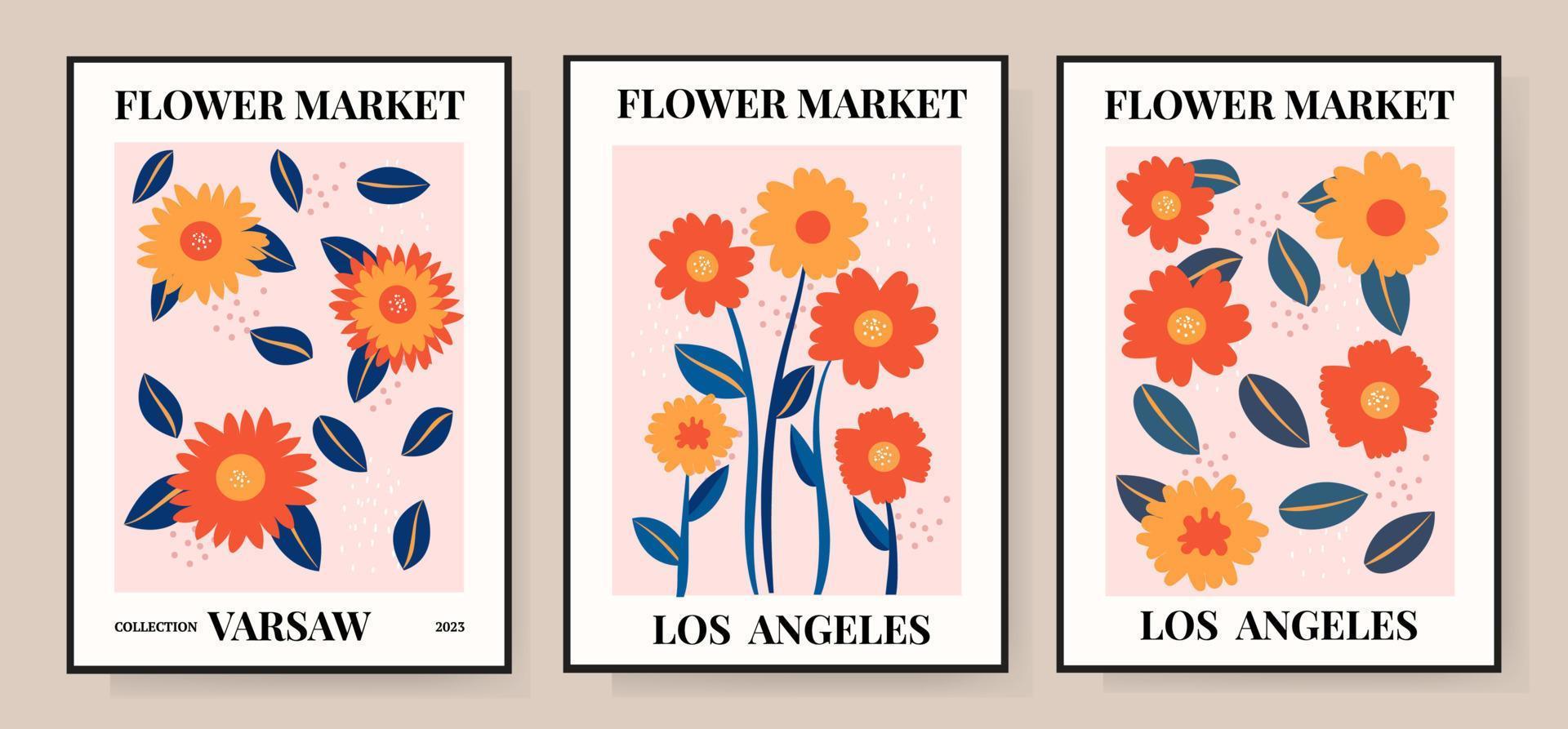 Set 1970 daisy flowers market poster. Abstract floral illustration. Poster for postcards, wall art, banner, background, for printing. Vector illustration