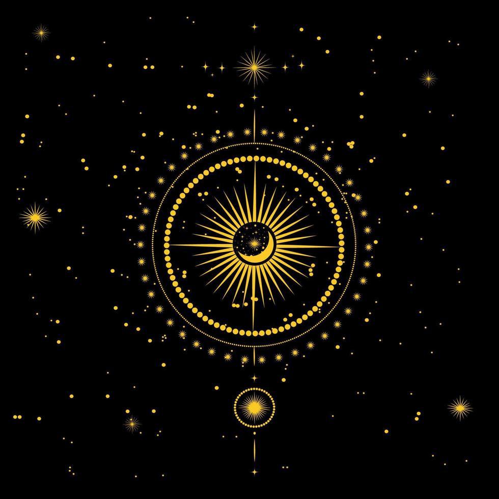 Vector illustration of the twelve zodiac constellations. Horoscope circle, astrology map on the background of the starry night sky in gold color. Astrology, prediction of the future, astrological