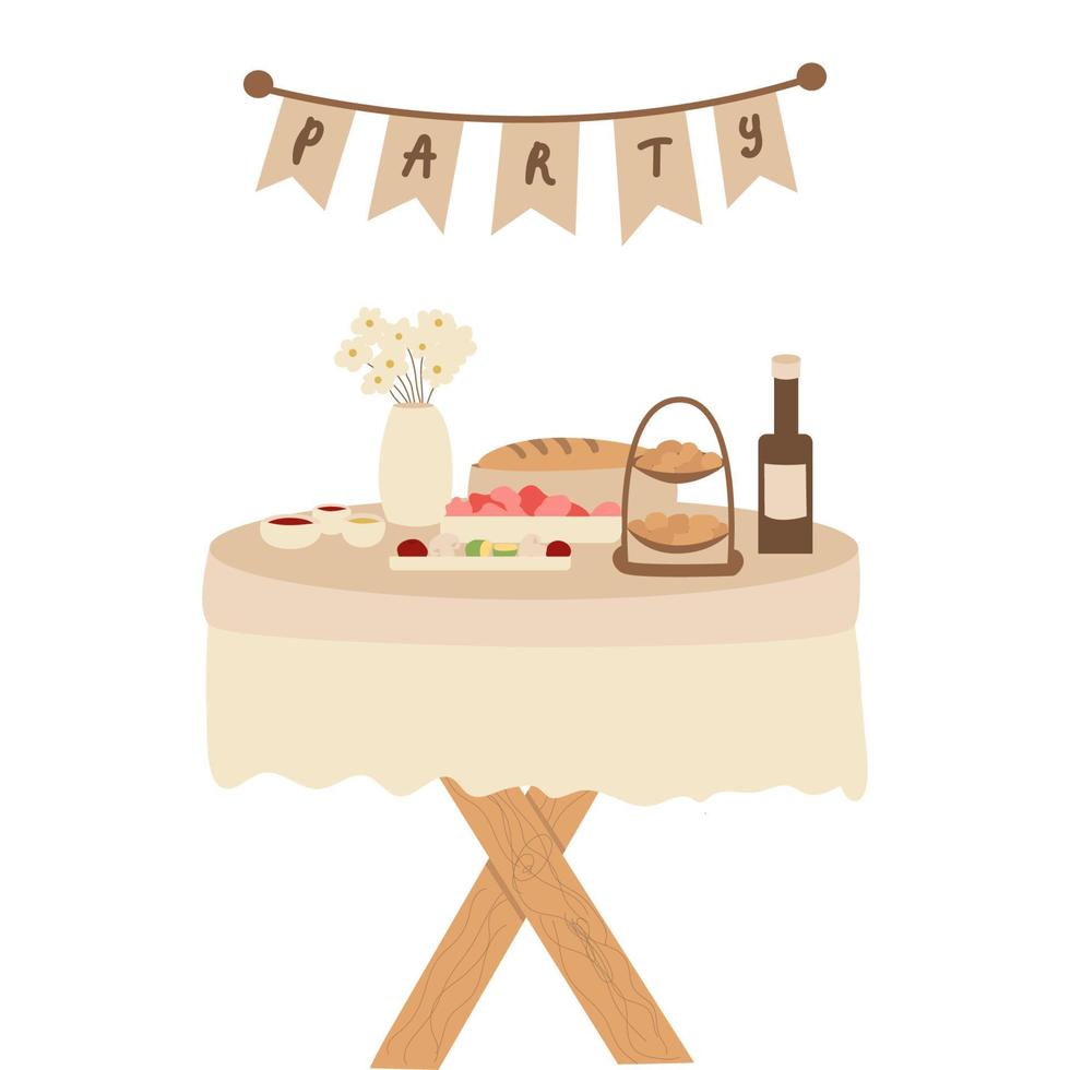 fiesta, hermosa mesa de barbacoa festiva, mucha comida. cartel de barbacoa. un volante con comida. estilo plano, ilustración vectorial vector
