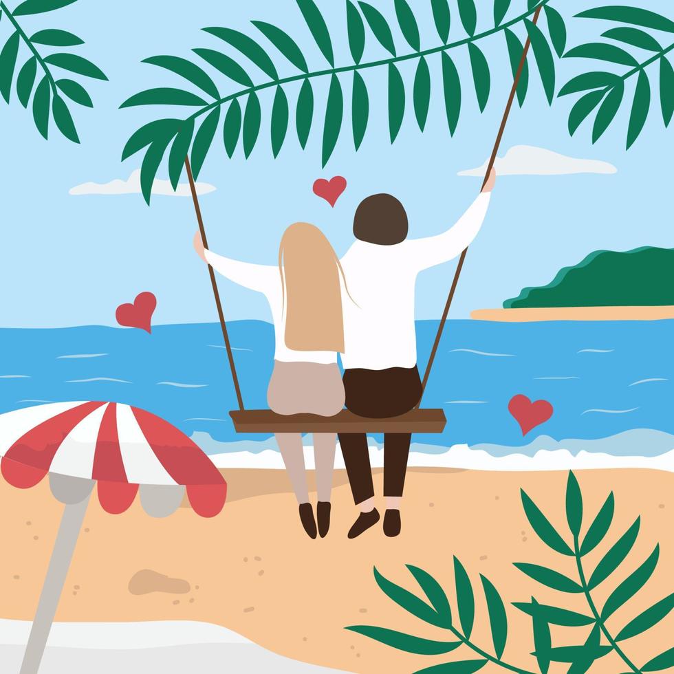 escena romántica en la playa con una pareja sentada en un columpio, en la playa bajo el sol, palmeras, ilustración vectorial. vector