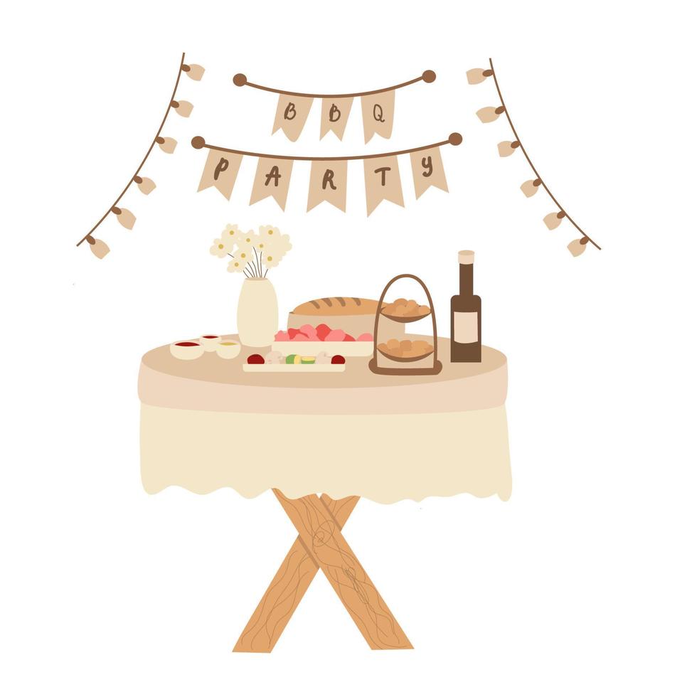 barbecue party, beautiful festive barbecue table, lots of food. Barbecue poster. A flyer with food. Flat style, vector illustration