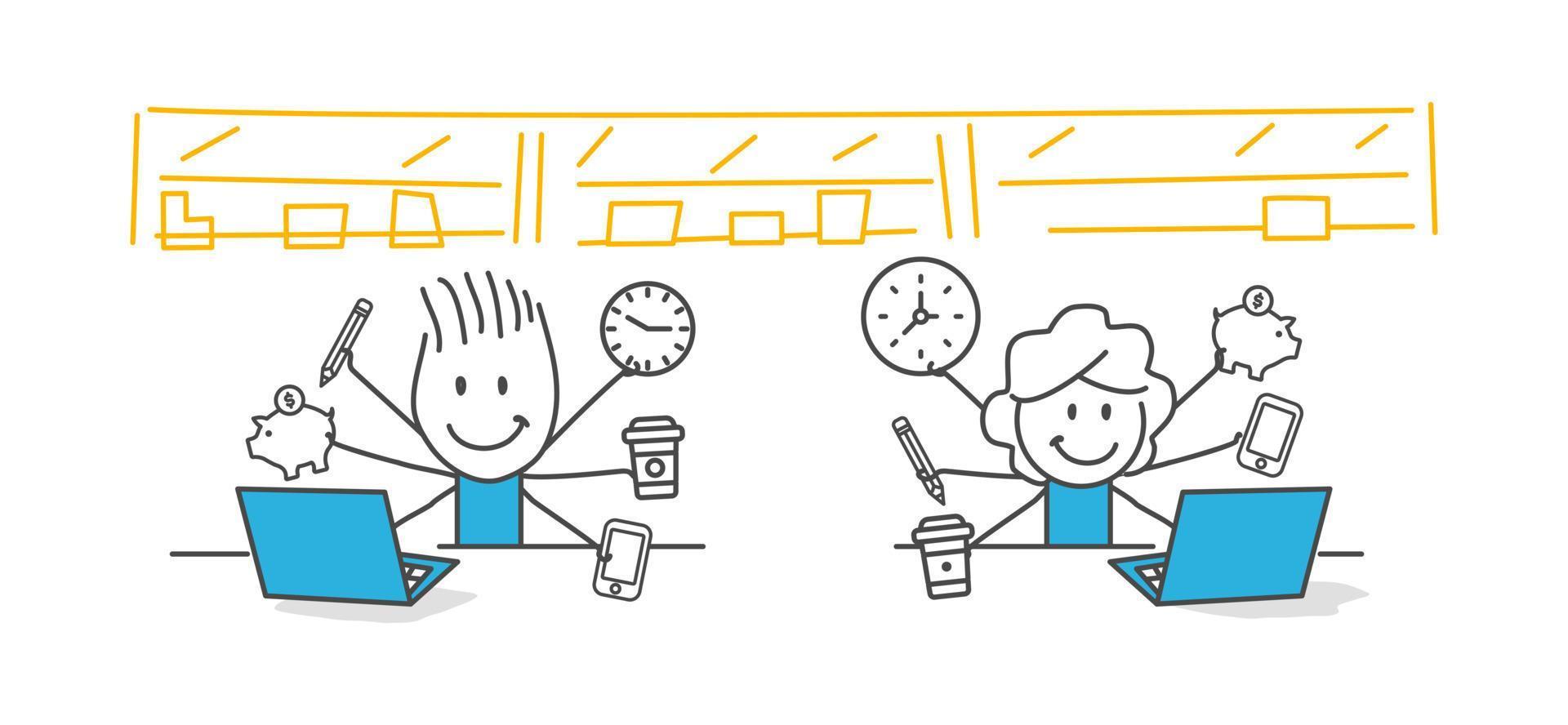 Stick Figures. Coworkers smiling, working peacefully. vector