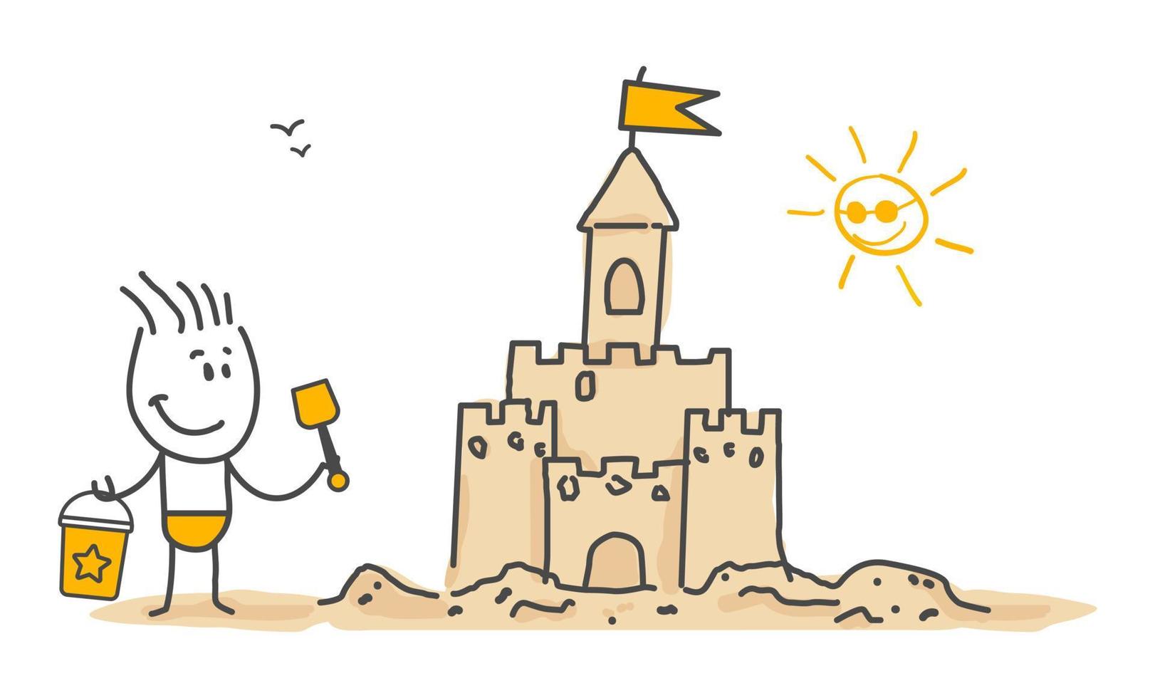 Stick figures. Hello summer. Sand castle. vector