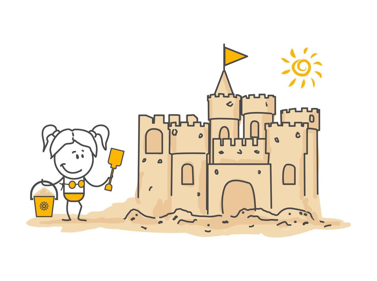 Stick figures. Hello summer. Sand castle. vector