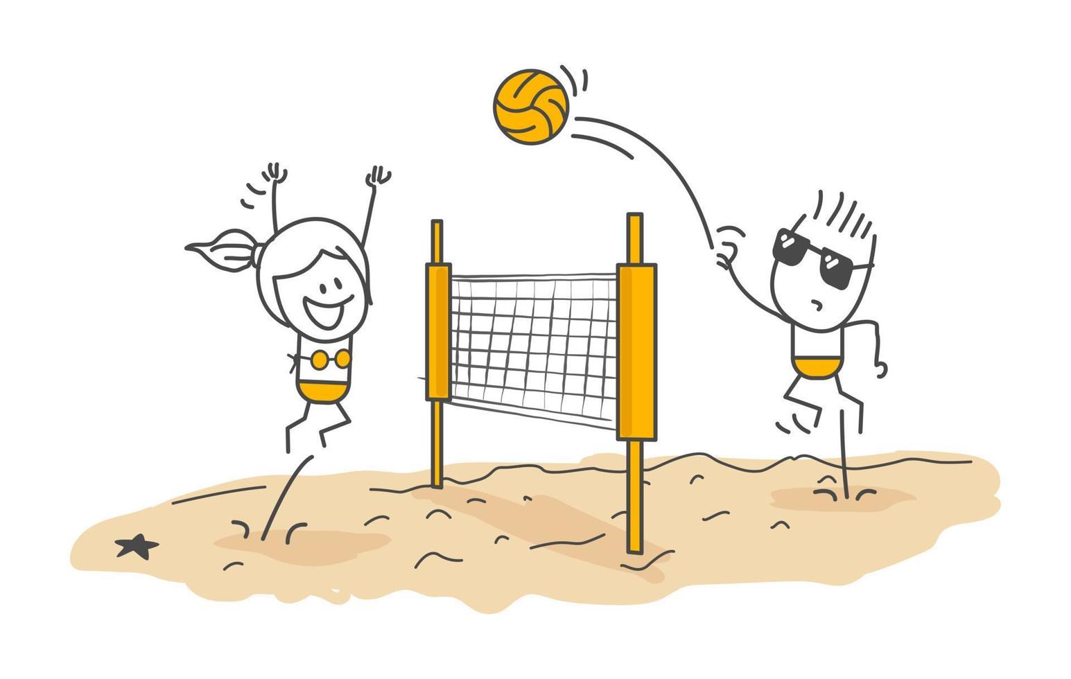 figuras de palitos. niño y niña jugando voleibol de playa. vector