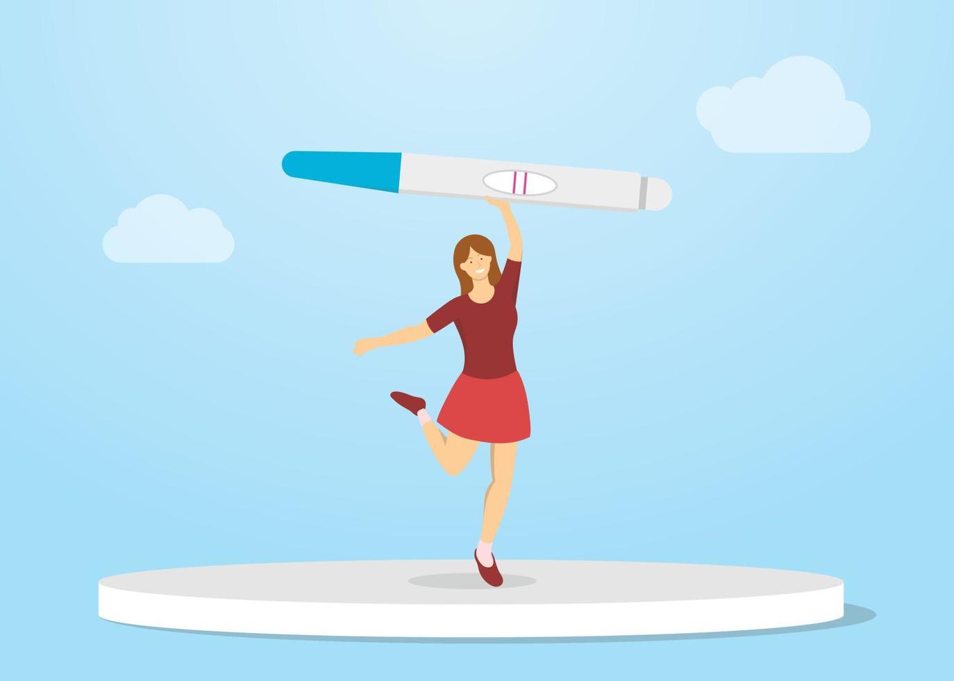 happy pregnancy pregnant woman jump holding test pack with modern flat style vector
