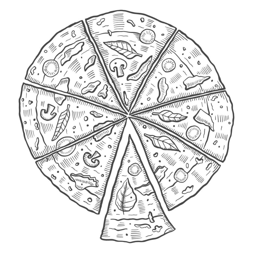 pizza italy or italian cuisine traditional food isolated doodle hand drawn sketch with outline style vector