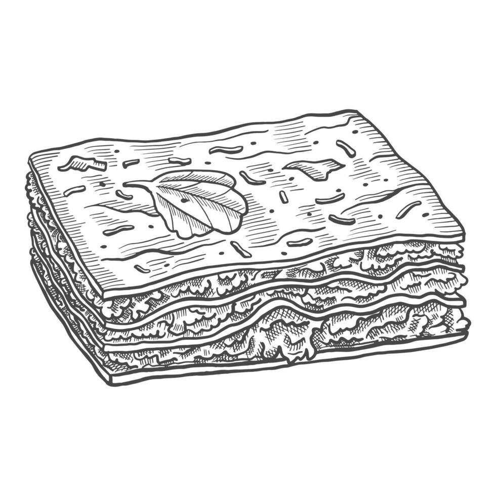 lasagna italy or italian cuisine traditional food isolated doodle hand drawn sketch with outline style vector