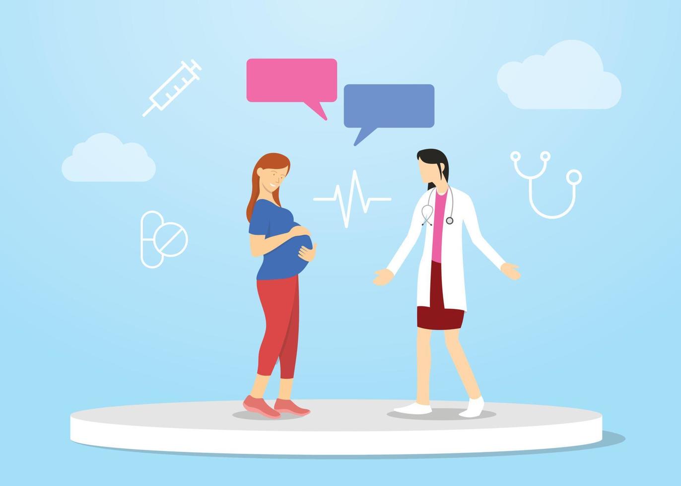 pregnant pregnancy woman consultation with female doctor discussion with modern flat style vector
