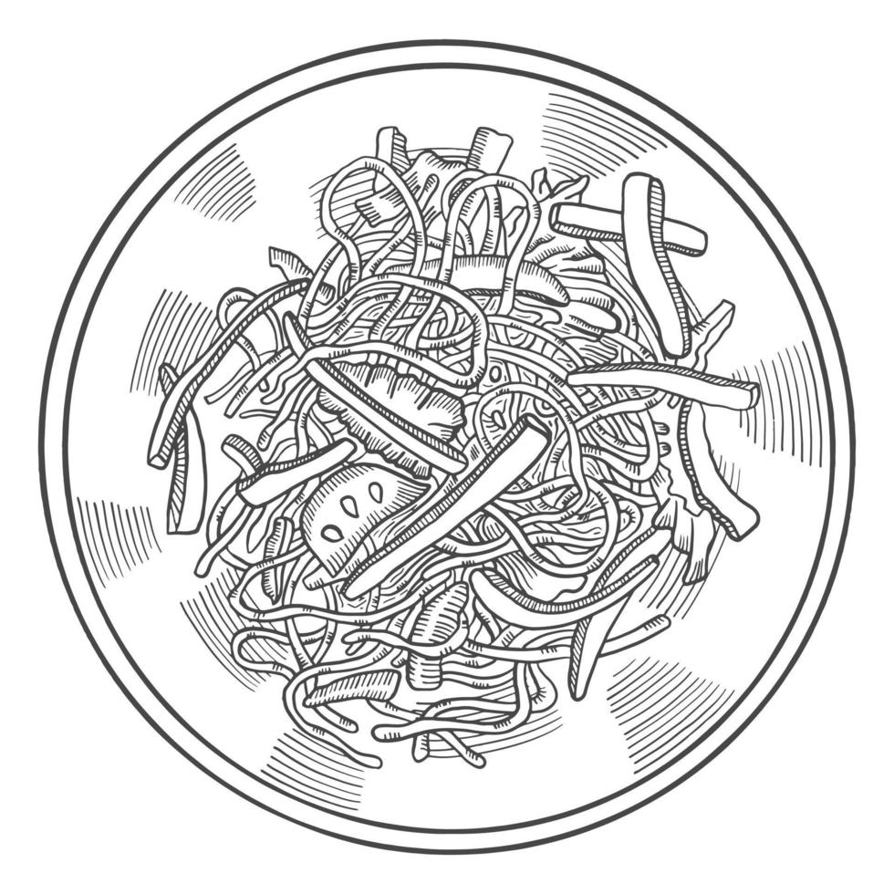 japchae corea o cocina coreana comida tradicional doodle aislado boceto dibujado a mano con estilo de contorno vector