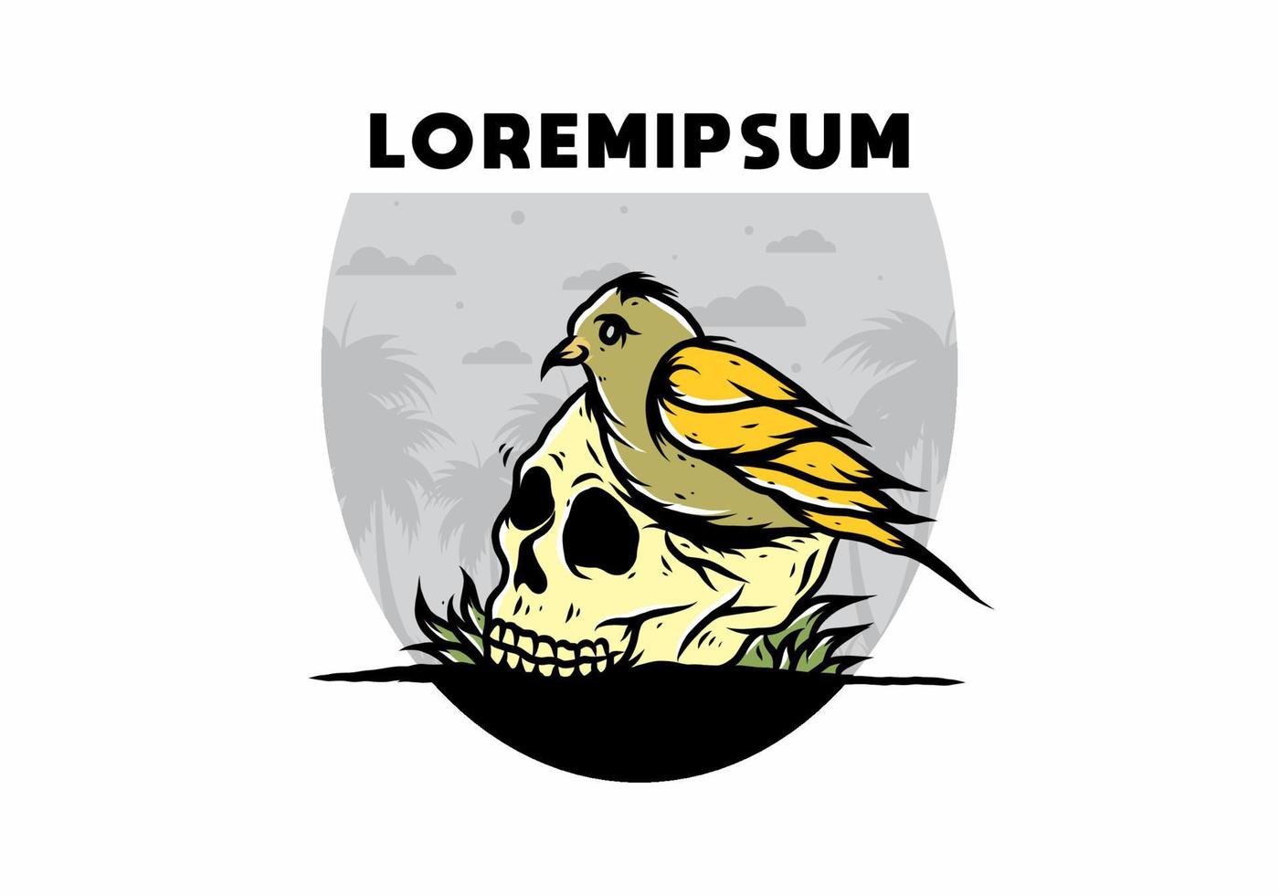 Bird nesting in skull illustration vector