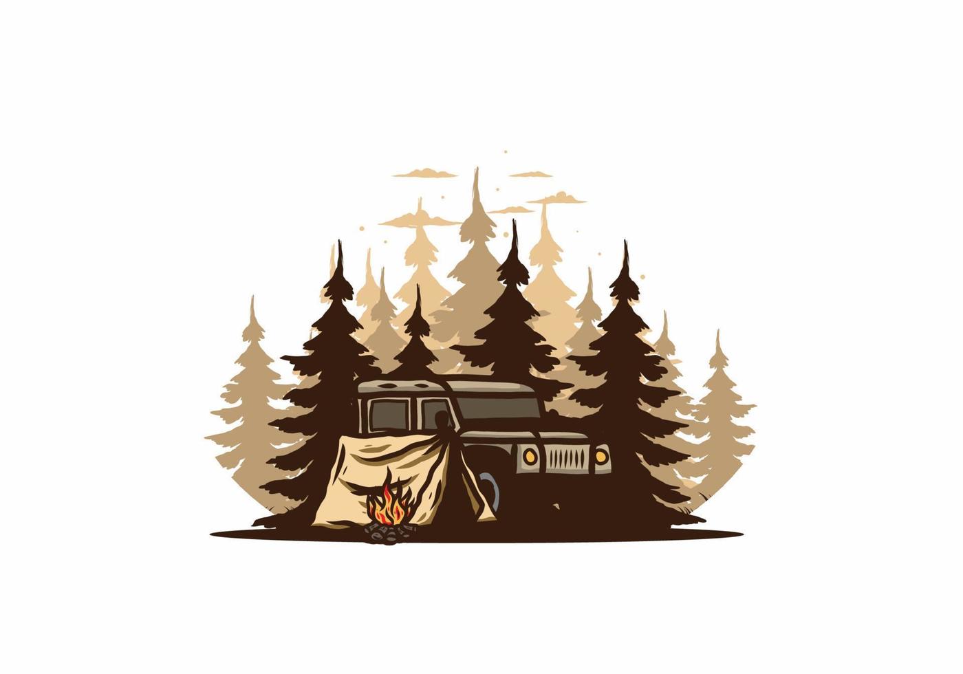 Camping beside the car in the forest illustration vector