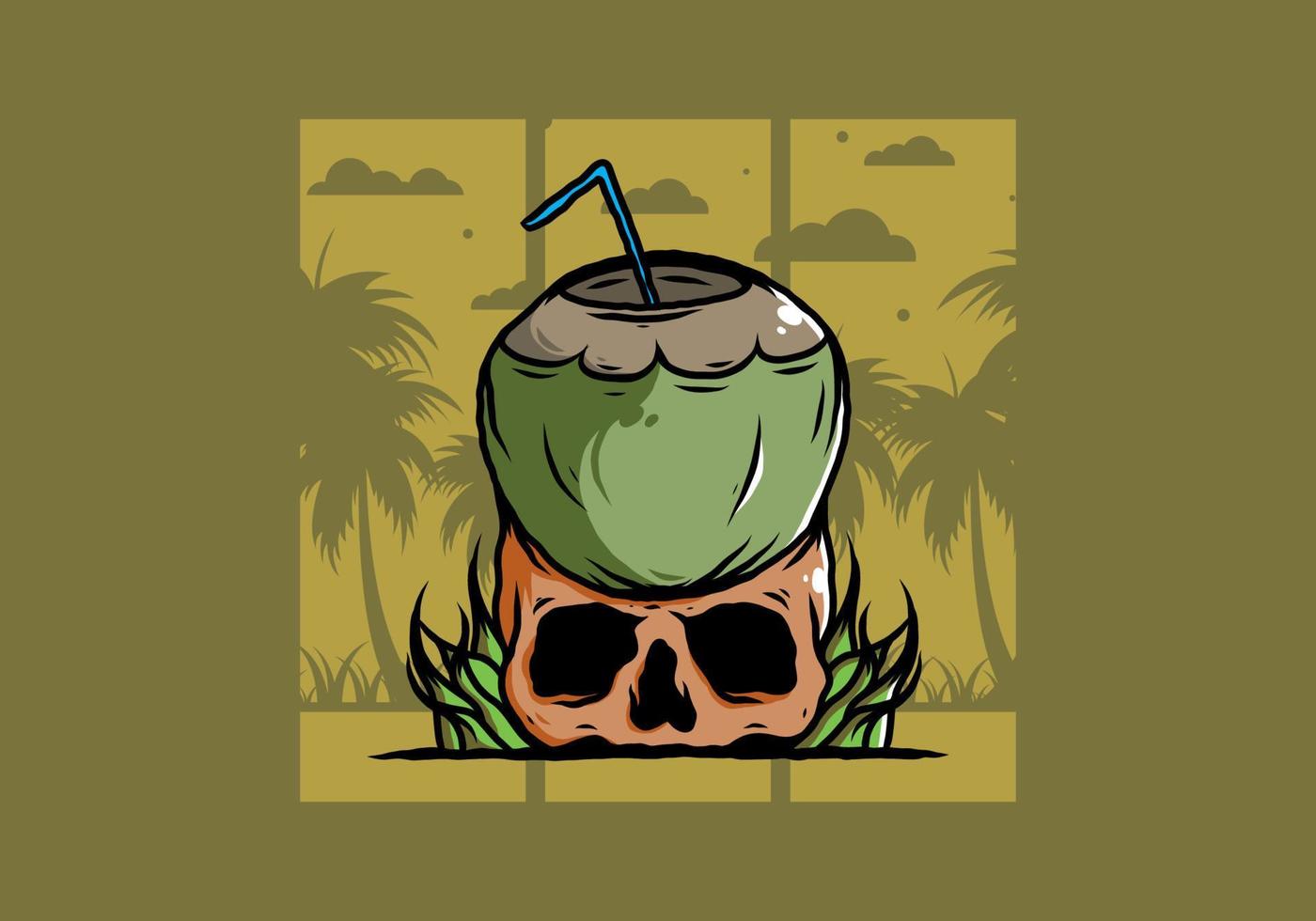 Coconut drink on human skull illustration vector