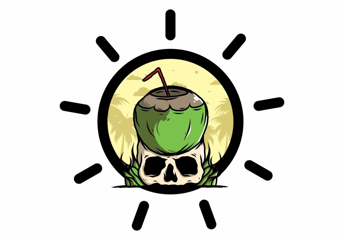 Coconut drink on human skull illustration vector