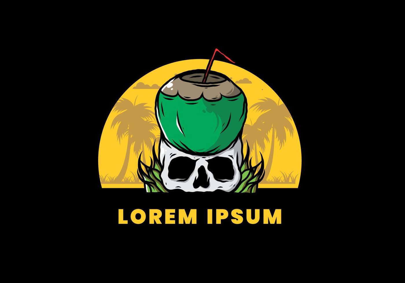 Coconut drink on human skull illustration vector