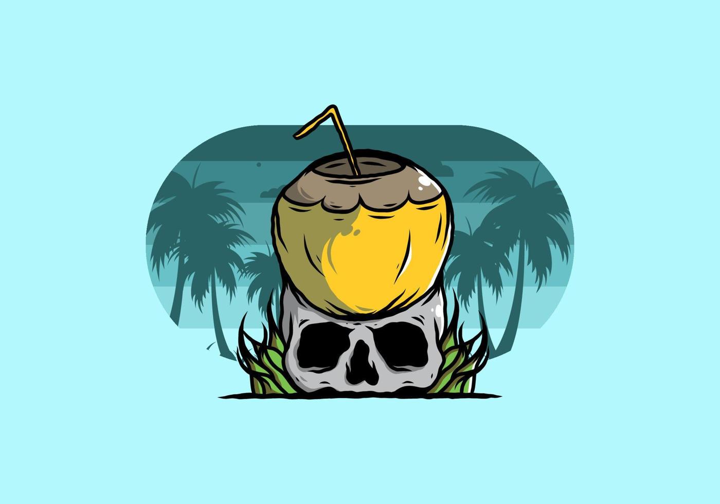 Coconut drink on human skull illustration vector