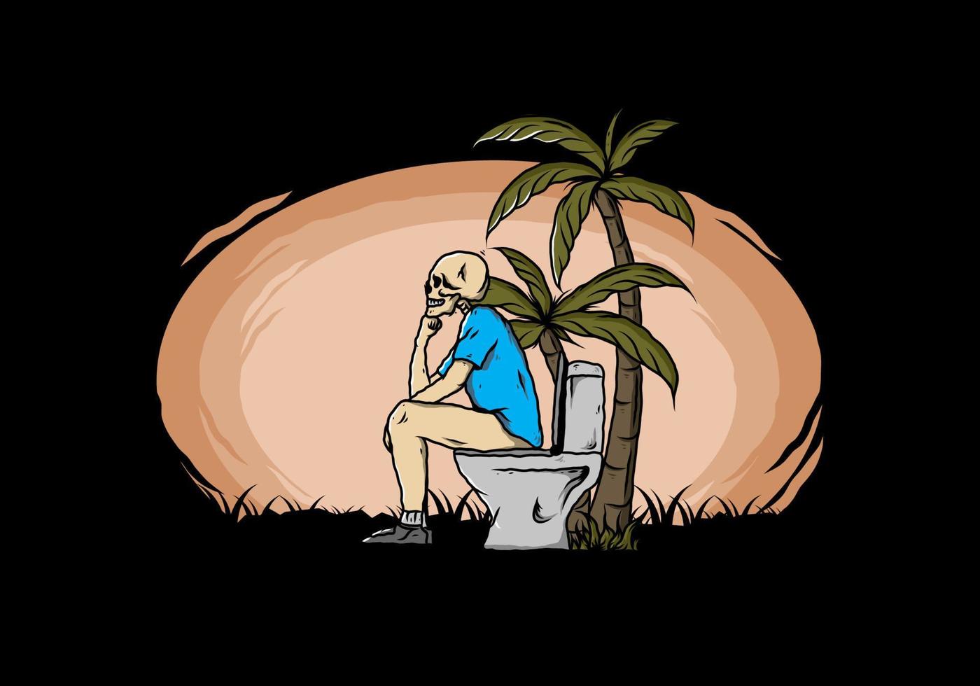 Skeleton man sit on outdoor toilet illustration vector