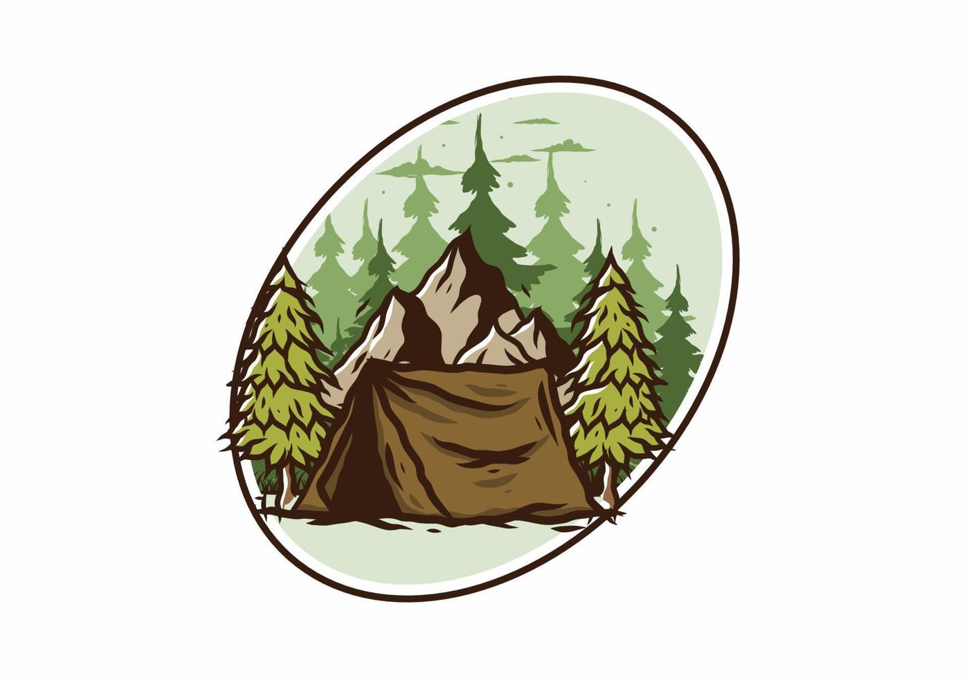 Camping tent in front of the mountain and between pine trees vector