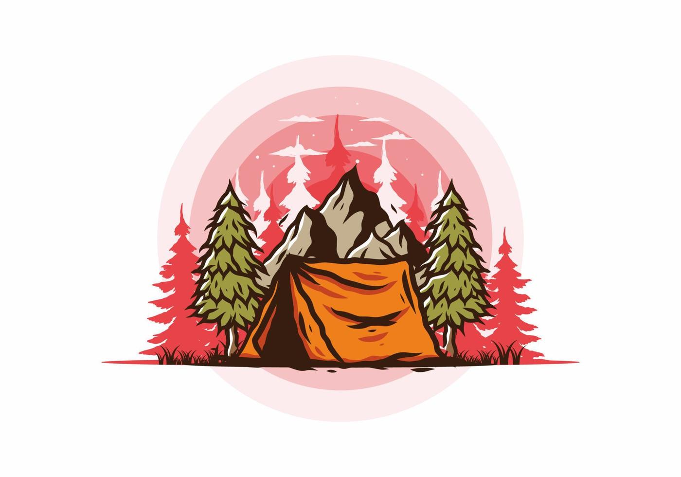 Camping tent in front of the mountain and between pine trees vector