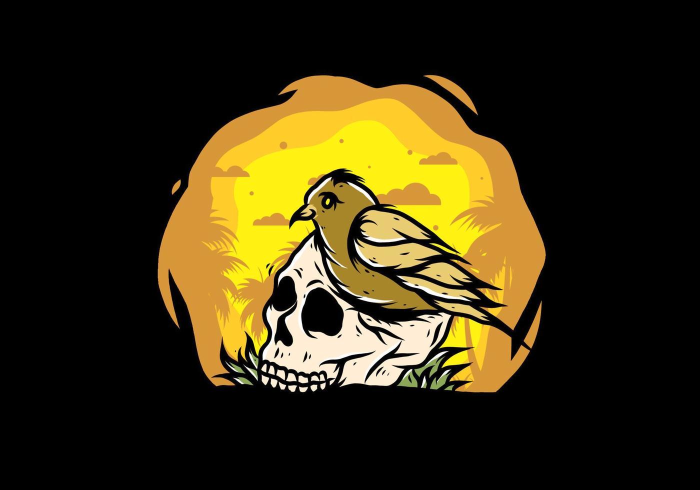 Bird nesting in skull illustration vector