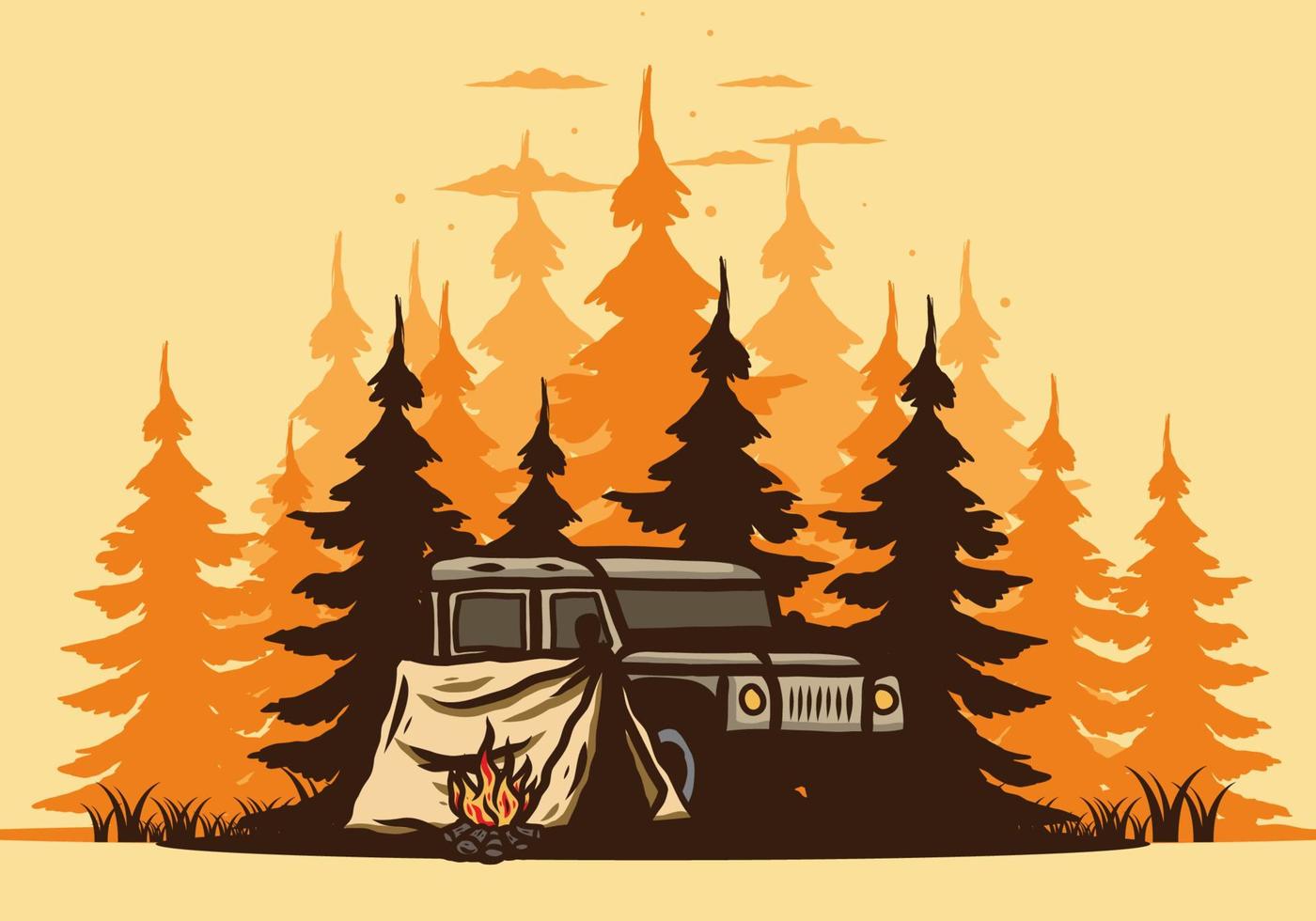 acampando al lado del auto en la ilustración del bosque vector