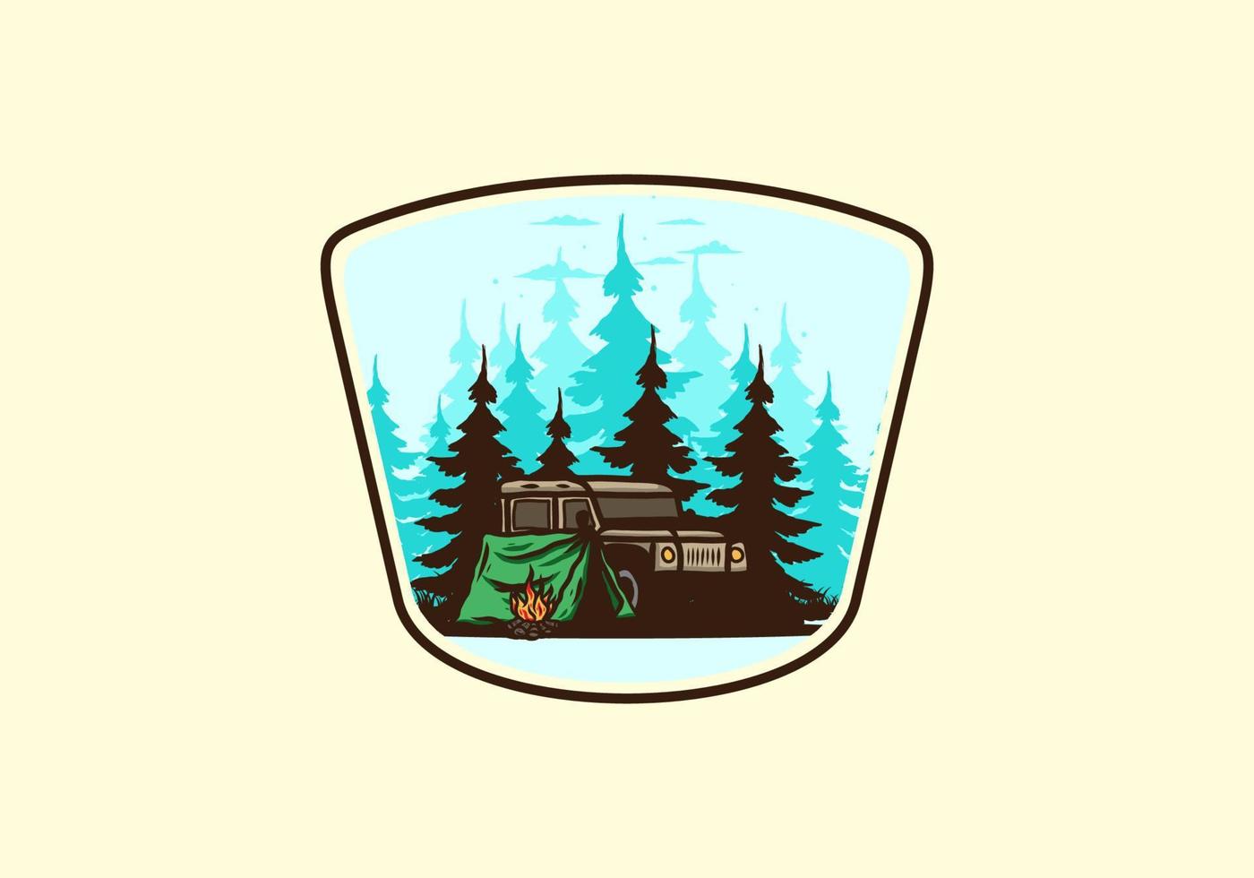 Camping beside the car in the forest illustration vector