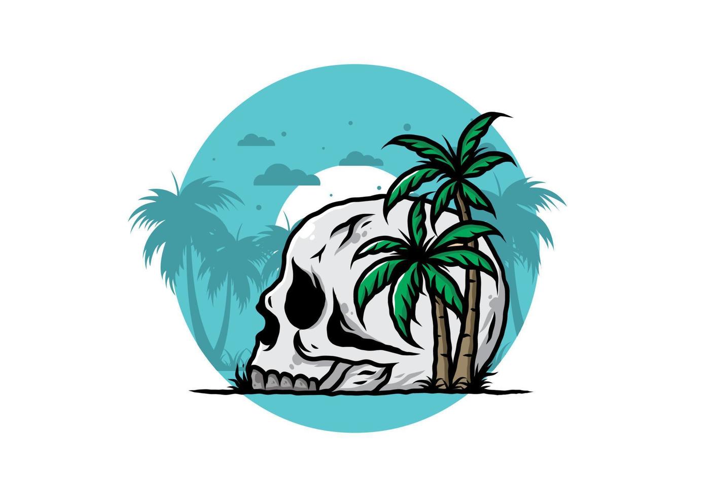 Skull head under coconut trees illustration vector