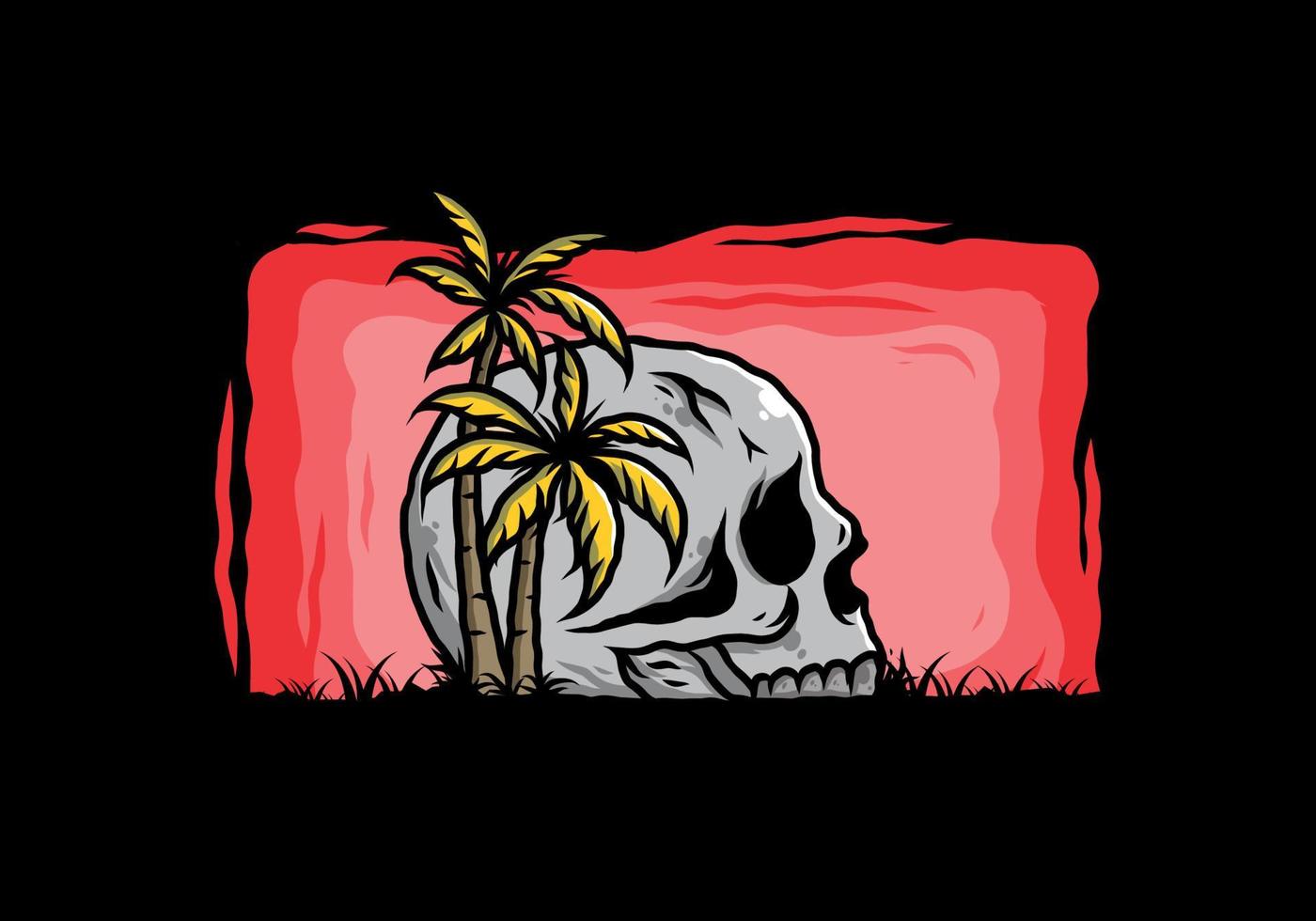 Skull head under coconut trees illustration vector