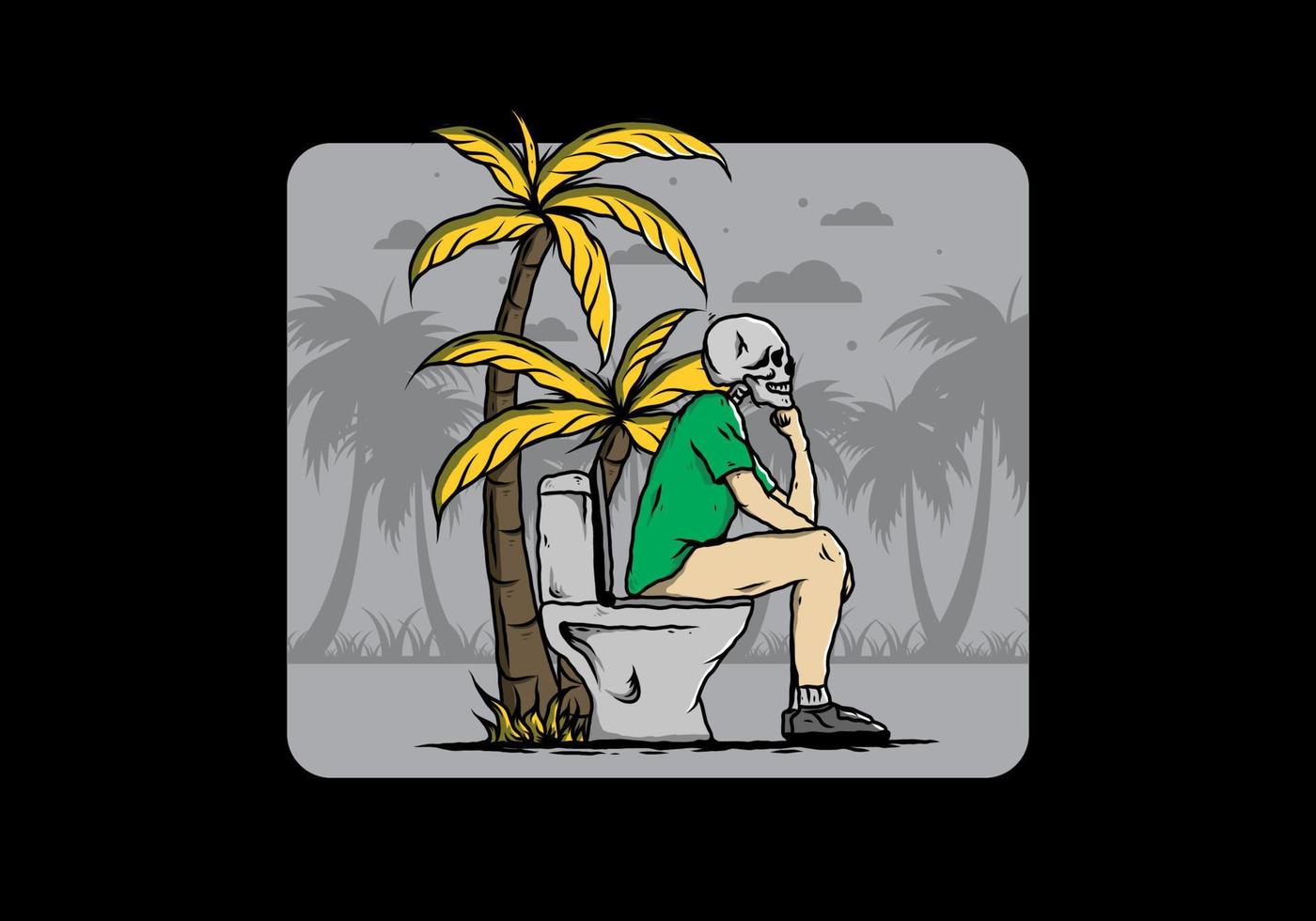 Skeleton man sit on outdoor toilet illustration vector