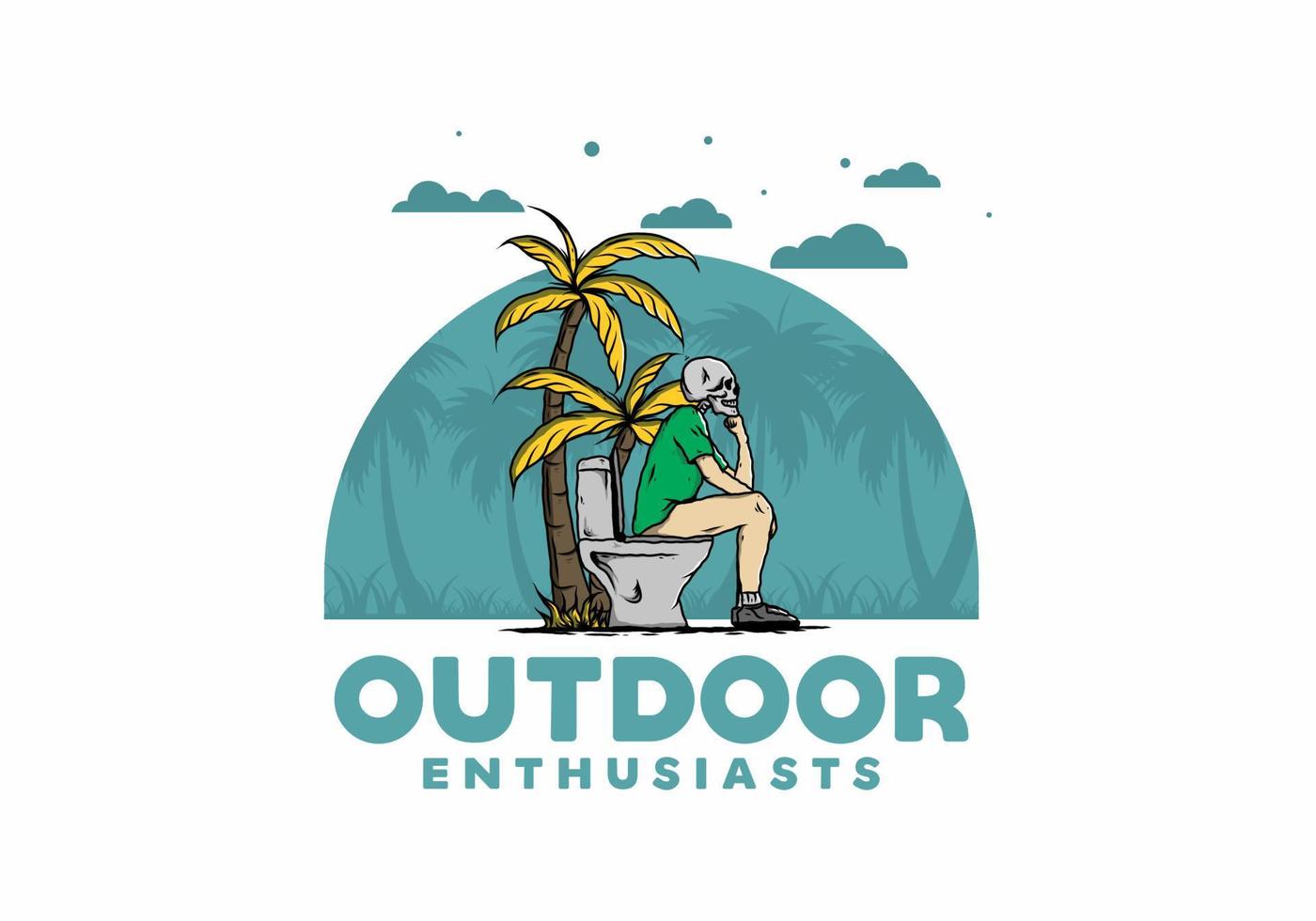 Skeleton man sit on outdoor toilet illustration vector
