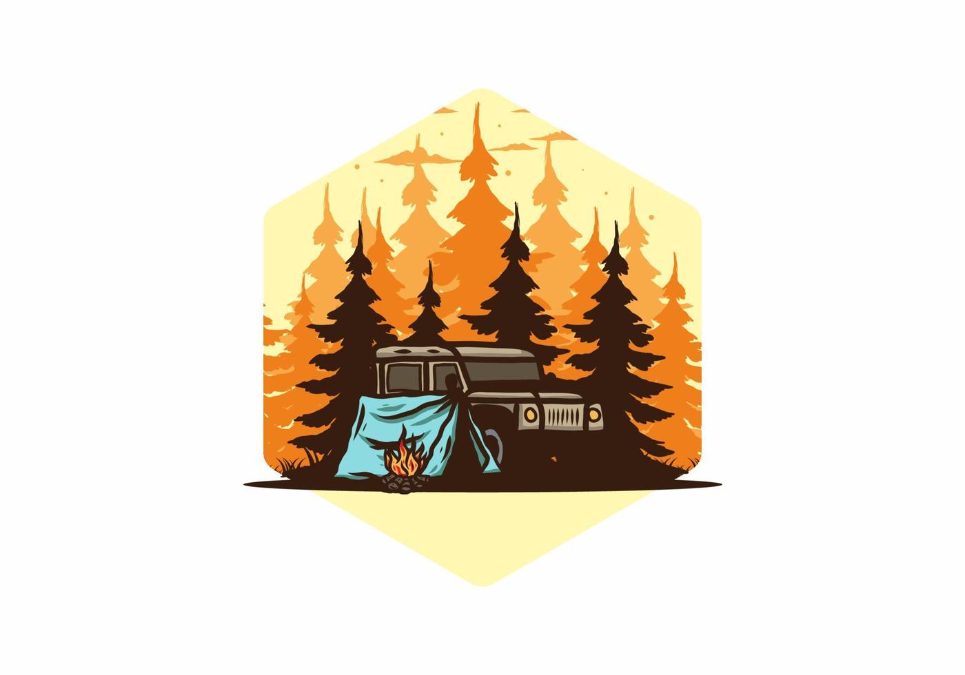 acampando al lado del auto en la ilustración del bosque vector