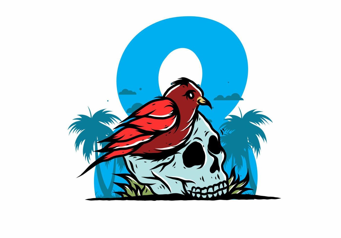 Bird nesting in skull illustration vector