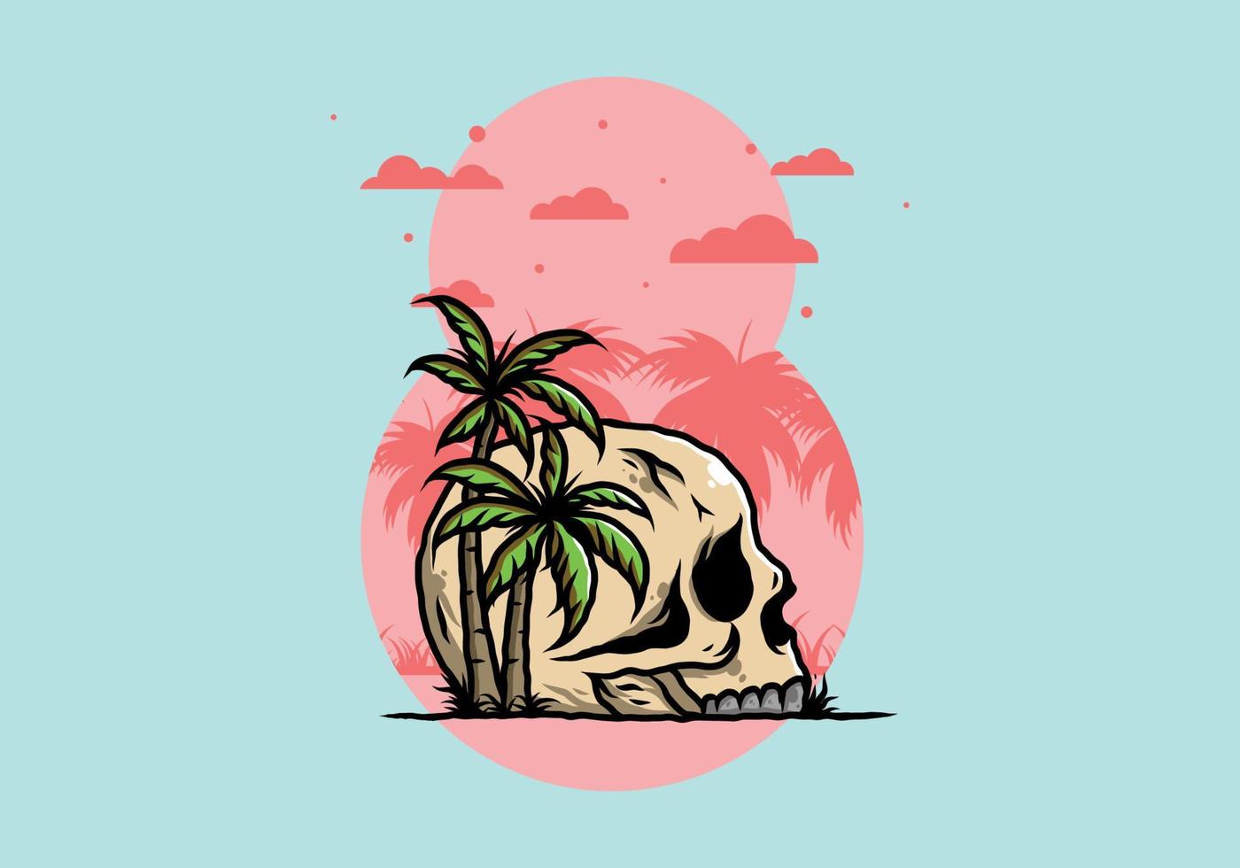 cabeza de calavera bajo la ilustración de árboles de coco vector