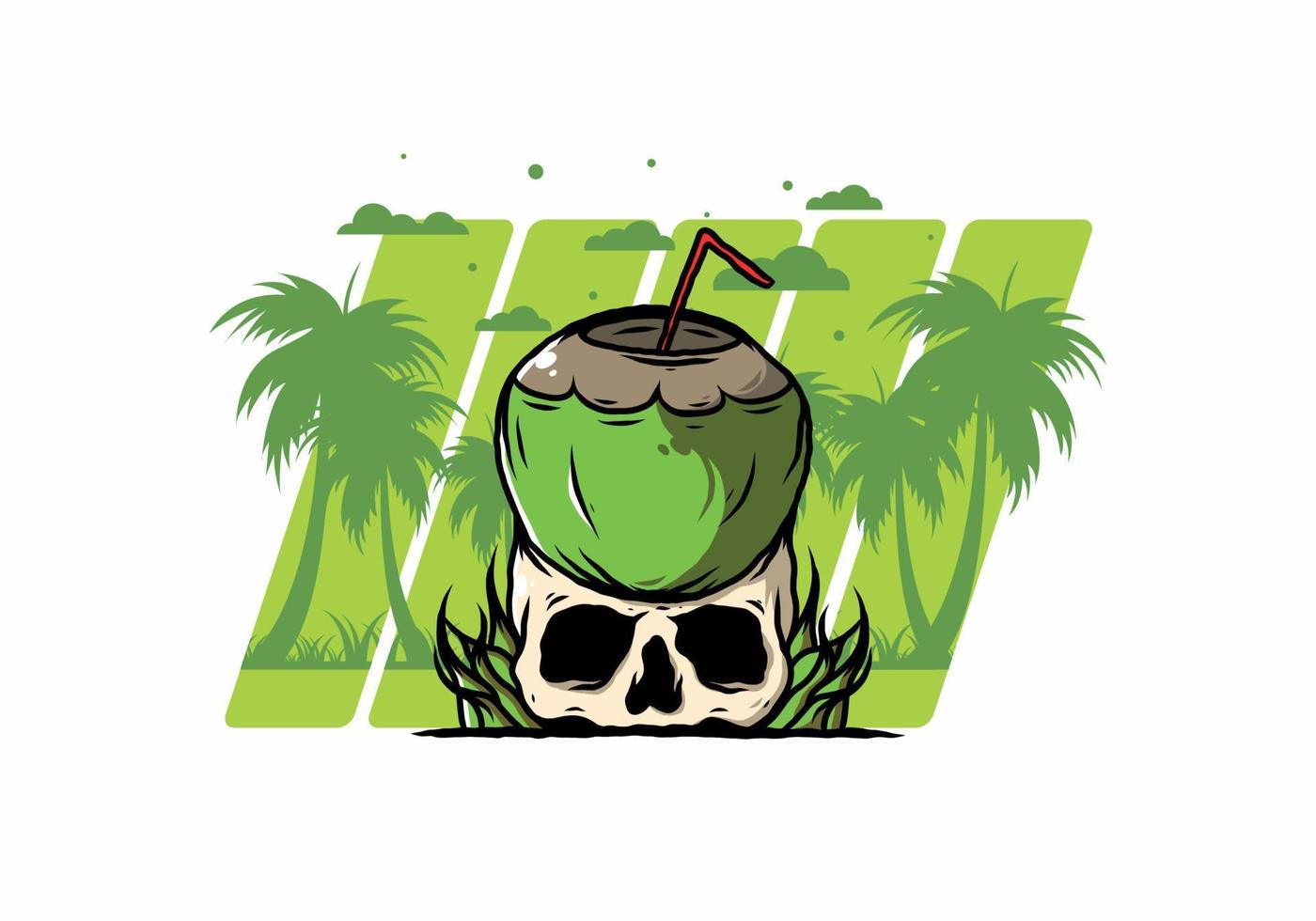 Coconut drink on human skull illustration vector