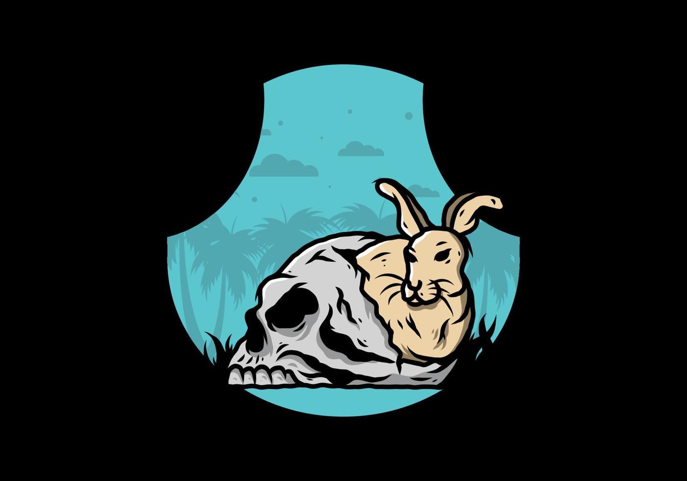 Rabbit hiding inside human skull illustration vector